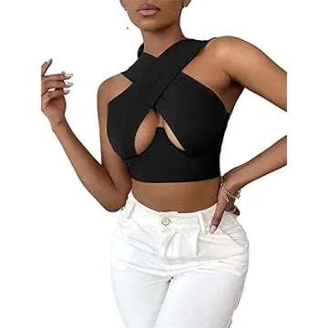 Women Sexy Halter Crisscross Tank Crop Top Sleeveless Basic Solid Color Cut Out Cami Vest Summer Cam...