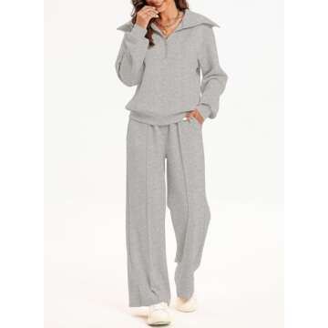 Aleumdr Womens 2 Piece Outfits Sweatsuits Fleece Lounge Set Quarter Sweatshirt Matching Set Oversized Pullover Wide Leg Sweatpant Tracksuits 2024 Fall Casual Travel Clothing Set Grey