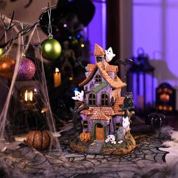 Valery Madelyn Halloween Haunted House Figurine with Bat Ghost Pumpkin for Halloween Decorations, 11.6 Inch Pre-Lit Lighted Halloween Resin Village Statue with LED Light for Indoor Outdoor Party Decor