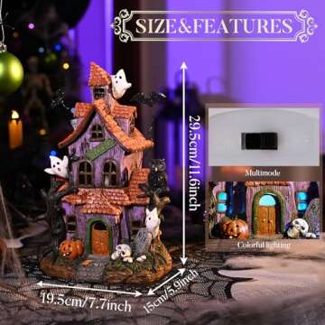 Valery Madelyn Halloween Haunted House Figurine with Bat Ghost Pumpkin for Halloween Decorations, 11.6 Inch Pre-Lit Lighted Halloween Resin Village Statue with LED Light for Indoor Outdoor Party Decor