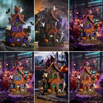 Valery Madelyn Halloween Haunted House Figurine with Bat Ghost Pumpkin for Halloween Decorations, 11.6 Inch Pre-Lit Lighted Halloween Resin Village Statue with LED Light for Indoor Outdoor Party Decor