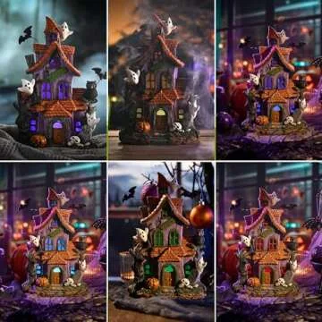 Valery Madelyn Halloween Haunted House Figurine with Bat Ghost Pumpkin for Halloween Decorations, 11.6 Inch Pre-Lit Lighted Halloween Resin Village Statue with LED Light for Indoor Outdoor Party Decor