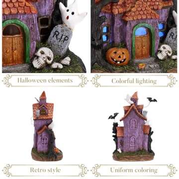 Valery Madelyn Halloween Haunted House Figurine with Bat Ghost Pumpkin for Halloween Decorations, 11.6 Inch Pre-Lit Lighted Halloween Resin Village Statue with LED Light for Indoor Outdoor Party Decor