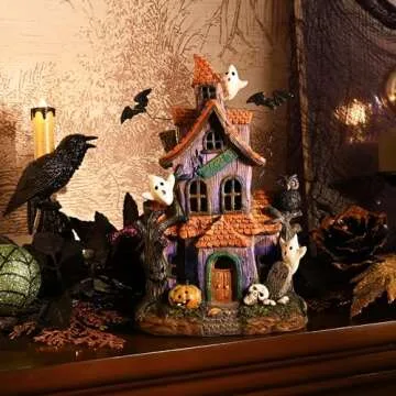 Valery Madelyn Halloween Haunted House Figurine with Bat Ghost Pumpkin for Halloween Decorations, 11.6 Inch Pre-Lit Lighted Halloween Resin Village Statue with LED Light for Indoor Outdoor Party Decor