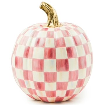 MACKENZIE-CHILDS Small Pumpkin, Resin Halloween Home Decor, Pink-and-White Bubblegum Pink Check