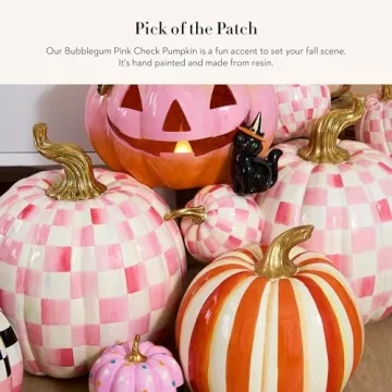 MACKENZIE-CHILDS Small Pumpkin, Resin Halloween Home Decor, Pink-and-White Bubblegum Pink Check