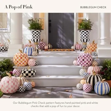 MACKENZIE-CHILDS Small Pumpkin, Resin Halloween Home Decor, Pink-and-White Bubblegum Pink Check