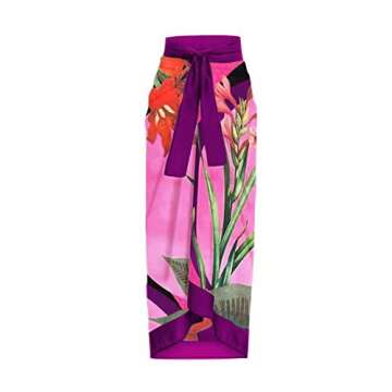 Two Piece Bathing Suit for Women Floral One Piece Bikini Mesh Sheer Wrap Skirt Flattering Push Up Swimsuit Surfing Rash Guard Set Cheeky Tankini Swimwear Retro Sarong Cover Ups Pink+Purple M