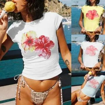 Graphic Baby Tees for Women Y2k Flower Print Short Sleeve Crop Top Teen Girls Aesthetic Vintage Shirts Summer