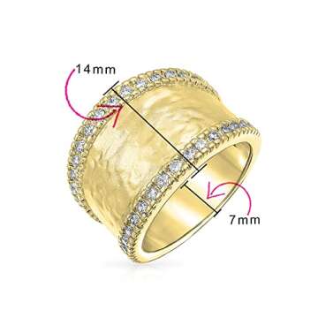 Bling Jewelry Personalized Modern Style CZ Accent Band Fashion Statement Brushed Hammered Matte Finish Wide Band Ring for Women Yellow 14K Gold Plated Brass Customizable