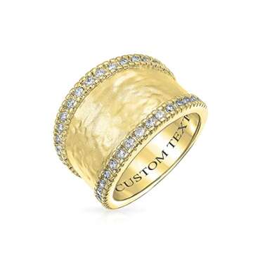Bling Jewelry Personalized Modern Style CZ Accent Band Fashion Statement Brushed Hammered Matte Finish Wide Band Ring for Women Yellow 14K Gold Plated Brass Customizable