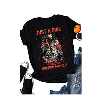 Women Just a Girl Who Loves Horror Movies Halloween T-Shirt Michael Myers Scary Characters Graphic Tees (Black, Medium)