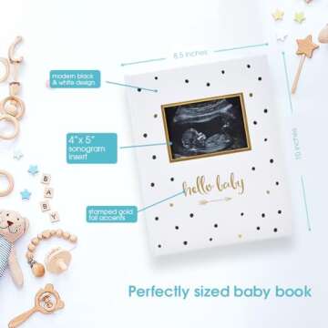 Pearhead Hello Baby First 5 Years Memory Book, Gender-Neutral Baby Keepsake for New and Expectant Parents, Pregnancy And Milestone Journal, Modern Minimalist Black and Gold Polka Dot