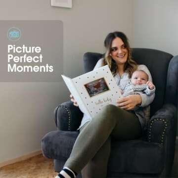 Pearhead Hello Baby First 5 Years Memory Book, Gender-Neutral Baby Keepsake for New and Expectant Parents, Pregnancy And Milestone Journal, Modern Minimalist Black and Gold Polka Dot