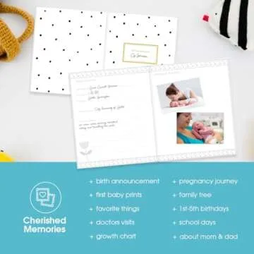 Pearhead Hello Baby First 5 Years Memory Book, Gender-Neutral Baby Keepsake for New and Expectant Parents, Pregnancy And Milestone Journal, Modern Minimalist Black and Gold Polka Dot