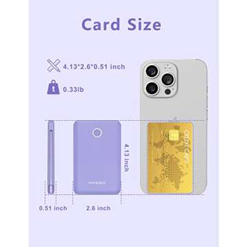 miisso 6000mah Ultra Slim Built in Cables Power Bank, Card Size Built in USB C Cords Battery Pack Portable Charger for Phones, 3 Output External Battery Pack Compatible with iPhone, Samsung, Purple