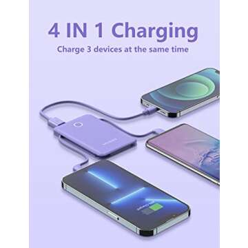 miisso 6000mah Ultra Slim Built in Cables Power Bank, Card Size Built in USB C Cords Battery Pack Portable Charger for Phones, 3 Output External Battery Pack Compatible with iPhone, Samsung, Purple