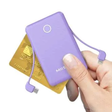 miisso 6000mah Ultra Slim Built in Cables Power Bank, Card Size Built in USB C Cords Battery Pack Portable Charger for Phones, 3 Output External Battery Pack Compatible with iPhone, Samsung, Purple
