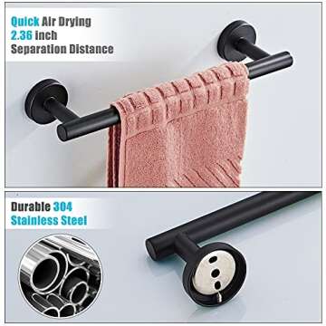 Tower Bar Accessory Set, Matte Black Bathroom Towel Holder, Wall Mounted Bathroom Accessories Set Stainless Steel 5 Pieces