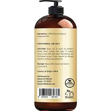 Handcraft Blends Grapeseed Oil - Cold-Pressed 16 Fl Oz - 100% Pure and Natural - Premium Grade Carrier Oil for Skin and Hair - Hair and Body - Massage - Hexane-Free