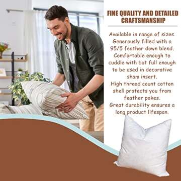 Pillowflex 95% Duck Feather by 5% Down Pillow Form Insert Stuffers - Feather Pillows for Sleeping Soft & Comfy, 100% Cotton Shell, Premium Quality Rectangular Duck Feather Pillow (24 by 24 Inch)