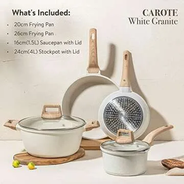 CAROTE Nonstick Pots and Pans Set, White Granite Induction Kitchen Cookware Sets,Non Stick Cooking Set with Frying Pans & Saucepans(PFOS, PFOA Free)