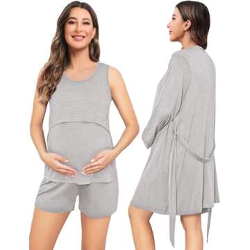SWOMOG Maternity Nursing Robe Set 3 Piece Postpartum Pajamas Women Breastfeeding Pregnancy Hospital Labor Delivery Pjs, Shorts, Grey X-Large