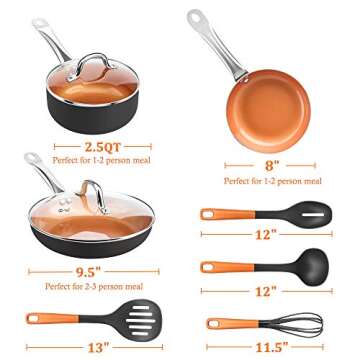 SHINEURI 9 Pieces Copper Nonstick Pots Pans with Utensils (9 Pieces Set (2 pans & 1 pot with utensils))
