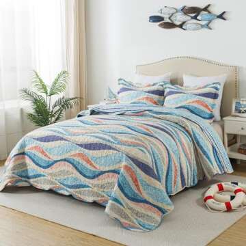 HoneiLife King Quilt Bedding Set - 3 Pieces Beach Quilt Sets Coastal Bedspreads Ocean Coverlets Micr...