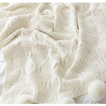 DONEUS Pom Pom Throw Blanket, Ivory Microfiber Soft Warm Handmade Knit Throw Blankets for Couch, Sofa, Chair, Office Travel Lightweight Bed Blanket - 51x63 Inch