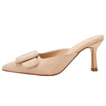 VETASTE Women's Heeled Mules Pointed Toe Suede Buckle Slip On Sandals Kitten Heels Party Wedding Sho...