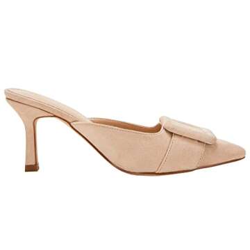 VETASTE Women's Heeled Mules Pointed Toe Suede Buckle Slip On Sandals Kitten Heels Party Wedding Shoes