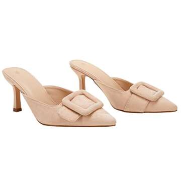 VETASTE Women's Heeled Mules Pointed Toe Suede Buckle Slip On Sandals Kitten Heels Party Wedding Shoes