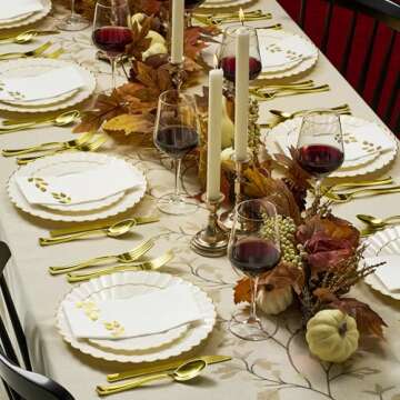By Madee HIGH END 60 Pc Disposable Ivory Scalloped Plastic Plates with Gold Trim - 30 Dinner & 30 De...
