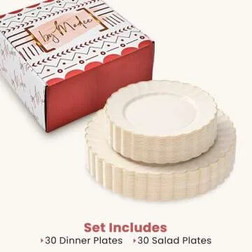 By Madee HIGH END 60 Pc Disposable Ivory Scalloped Plastic Plates with Gold Trim - 30 Dinner & 30 Dessert Nice Plastic Plates for Party - Stunning & Elegant Table Setting for Any Special Occasion