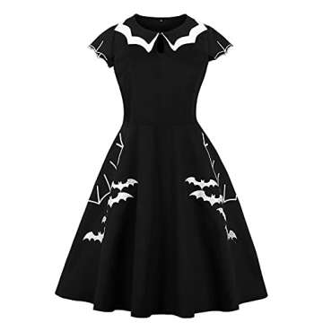 LMSXCT Women's Bat Spider Web Embroidery Halloween Vintage Dress A-Line Cocktail Dress Hepburn Style Dress with Cap Sleeves Black
