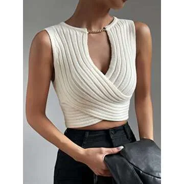 OYOANGLE Women's Solid Chain Criss Cross Deep V Neck Sleeveless Knitted Crop Tank Top Apricot Light S