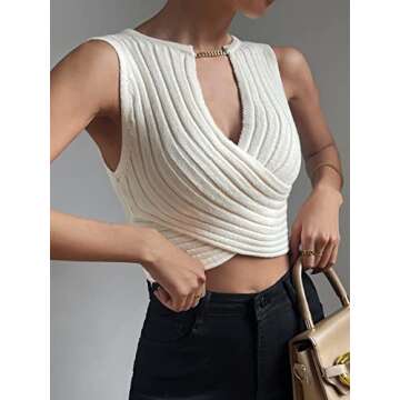 OYOANGLE Women's Solid Chain Criss Cross Deep V Neck Sleeveless Knitted Crop Tank Top Apricot Light S