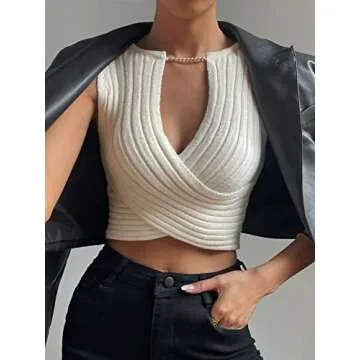 OYOANGLE Women's Solid Chain Criss Cross Deep V Neck Sleeveless Knitted Crop Tank Top Apricot Light S