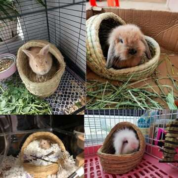 kathson Rabbit Grass House Bunny Woven Hay Bed Guinea Pig Hideout Hand Woven Natural Grass House for Hamster Bunny Guinea Pig and Small Animals with Hay Chew Balls Toys