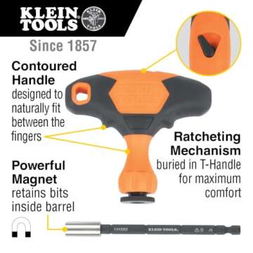 Klein Tools 33804 ProFlex Impact-Rated Interchangeable Ratcheting T-Handle Set, Torsion Zone, Magnet...