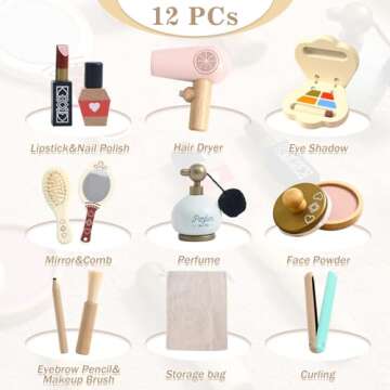 OESSUF Kids Makeup Kit for Girl, Wooden Makeup Toy Set for Toddlers, Pretend Wood Beauty Salon Toys ...