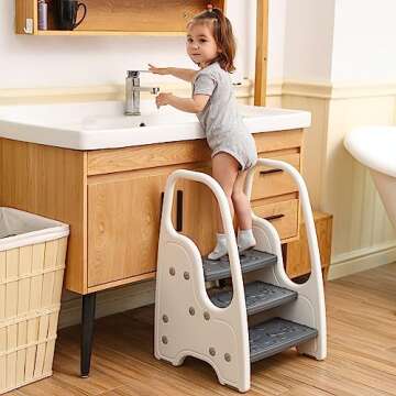 Toddler Step Stool for Bathroom Sink,Adjustable 3 Step Stool for Kids,Kitchen Standing Tower,Children Learning Helper Stool with Safety Handles and Non-Slip Pads,Grey