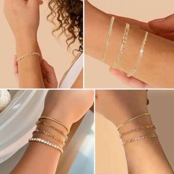 6-Piece Stackable Gold Bracelets Set for Women, Trendy Dainty Gold Plated Link Jewelry with Cubic Zircon Stones, Elegant Bracelet Pack for Women Jewelry Gift