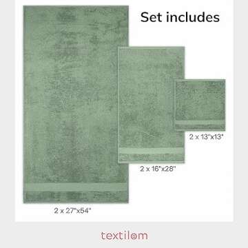 TEXTILOM 100% Turkish Cotton 6 Pcs Luxury Bath Towels , Soft & Absorbent Bathroom Towels Set (2 Bath Towels, 2 Hand Towels, 2 Washcloths)- Green