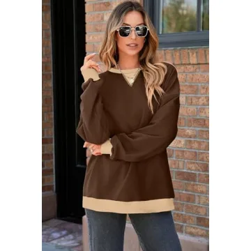 AlvaQ Sweatshirts for Women Casual Round Neck Colorblock Sweatshirt Loose Soft Long Sleeve Pullover Tunic Tops Fall Fashion Outfits 2024 Brown Small