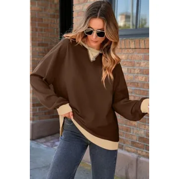 AlvaQ Sweatshirts for Women Casual Round Neck Colorblock Sweatshirt Loose Soft Long Sleeve Pullover Tunic Tops Fall Fashion Outfits 2024 Brown Small