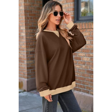AlvaQ Sweatshirts for Women Casual Round Neck Colorblock Sweatshirt Loose Soft Long Sleeve Pullover Tunic Tops Fall Fashion Outfits 2024 Brown Small