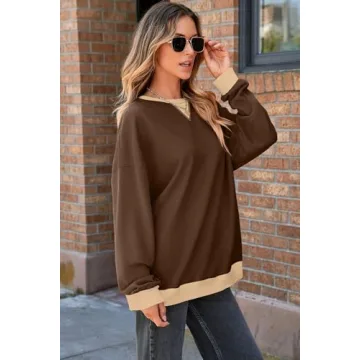 AlvaQ Sweatshirts for Women Casual Round Neck Colorblock Sweatshirt Loose Soft Long Sleeve Pullover Tunic Tops Fall Fashion Outfits 2024 Brown Small
