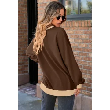AlvaQ Sweatshirts for Women Casual Round Neck Colorblock Sweatshirt Loose Soft Long Sleeve Pullover Tunic Tops Fall Fashion Outfits 2024 Brown Small